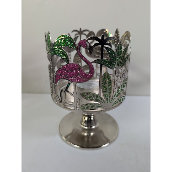 Bath & Body Works Pink Flamingos Palm Trees Pedestal 3-Wick Candle Holder Silver - Picture 2 of 6
